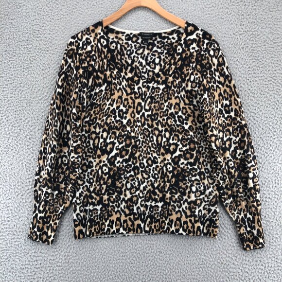 Talbots Sweater Womens Large Black Brown Animal Print Pure Merino Wool Pullover - Picture 1 of 9